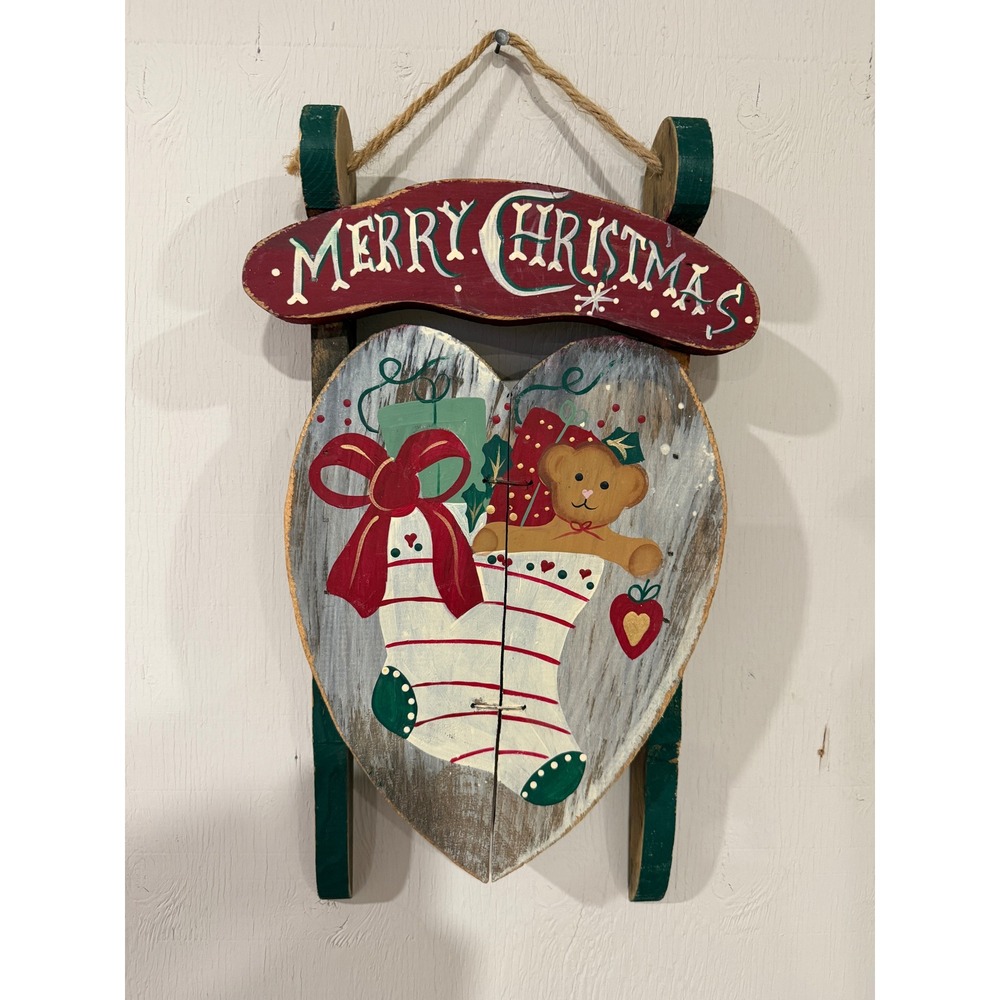 Vintage J.D.I. 1998 Wooden Christmas Sled Wall Decor Merry Christmas Teddy Bear